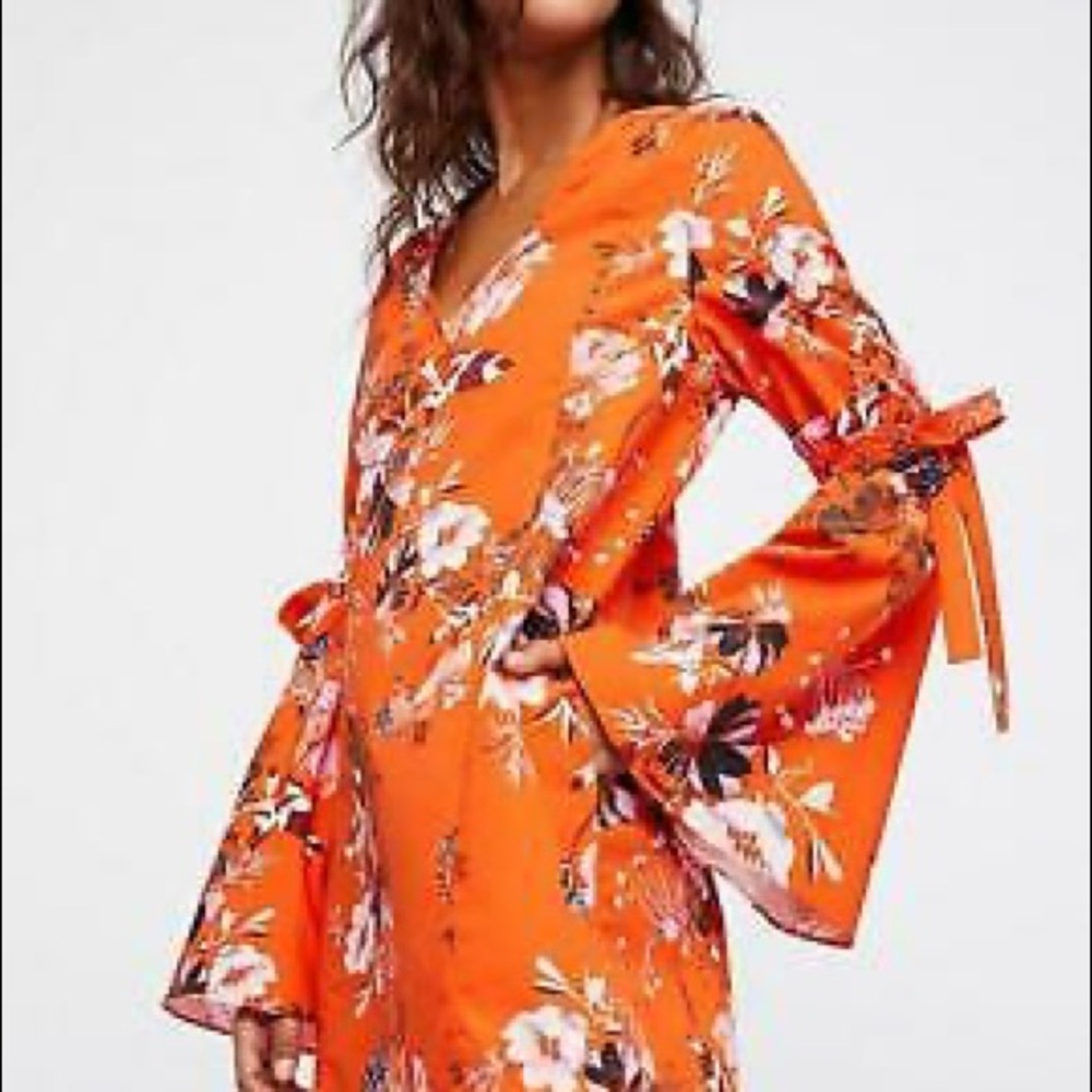 NWT Free People Bell Sleeve Orange Floral Mini Size L